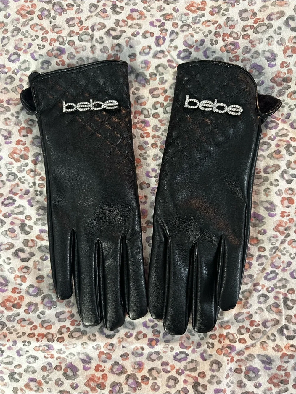 bebe Black Quilted Leather Logo Gloves with Rhinestone Accent